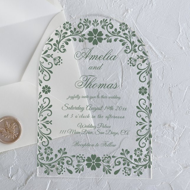 Invitations En Acrylique Green Floral Wedding  (Créateur téléchargé)