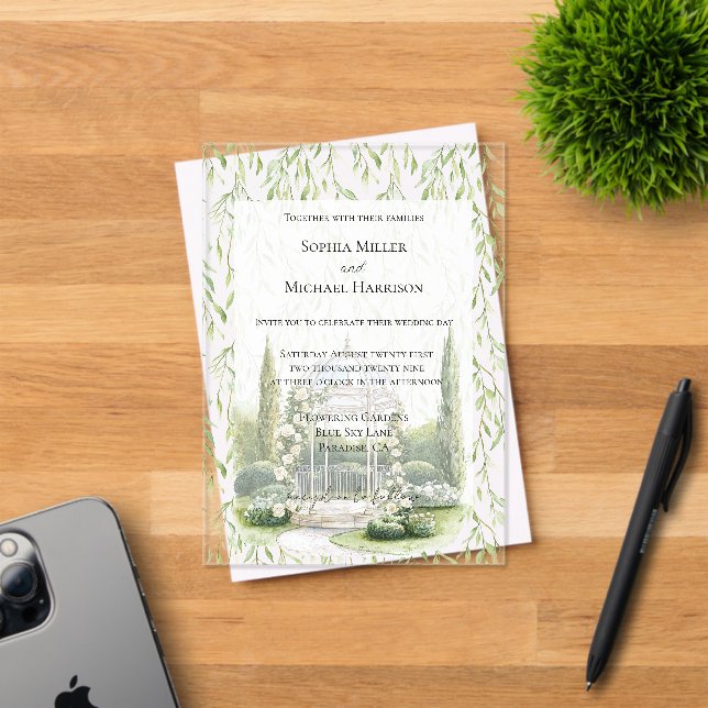 Invitations En Acrylique Green Leaves White Floral Love Wedding (Insitu (Carte d'invitation))