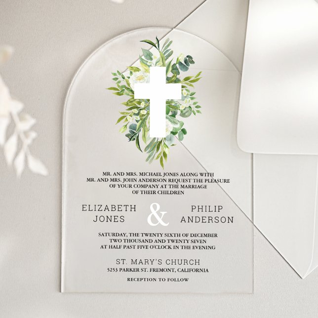 Invitations En Acrylique Greenery Cross Catholic Wedding (Créateur téléchargé)