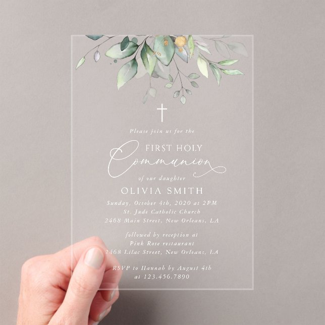 Invitations En Acrylique Greenery, Eucalyptus Leaves, First Holy Communion (In situ (ordinateur de poche))