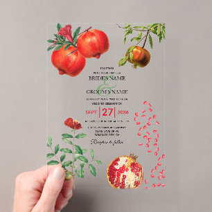 Invitations En Acrylique Grenade botanique rouge Mariage méditerranéen