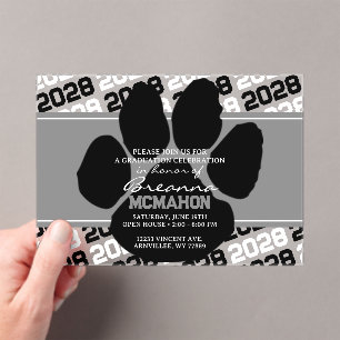 Invitations En Acrylique Gris et noir Pawprint de graduation Frosted