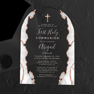 Invitations En Acrylique Gris Rose Or Agate Arche rose Première communion
