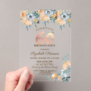 Invitations En Acrylique Guirlande de Roses Bleu Poussiéreux 60ème Annivers