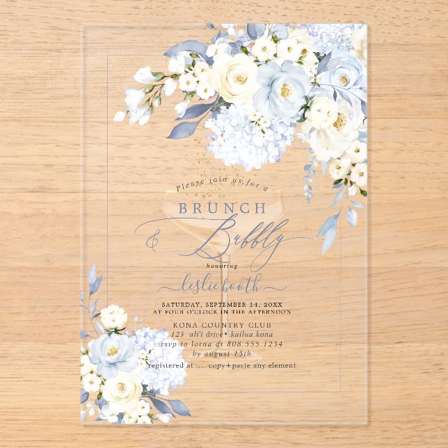 Invitations En Acrylique H2 Blue Hydrangea Cream Roses Brunch Bubbly  (Recto)