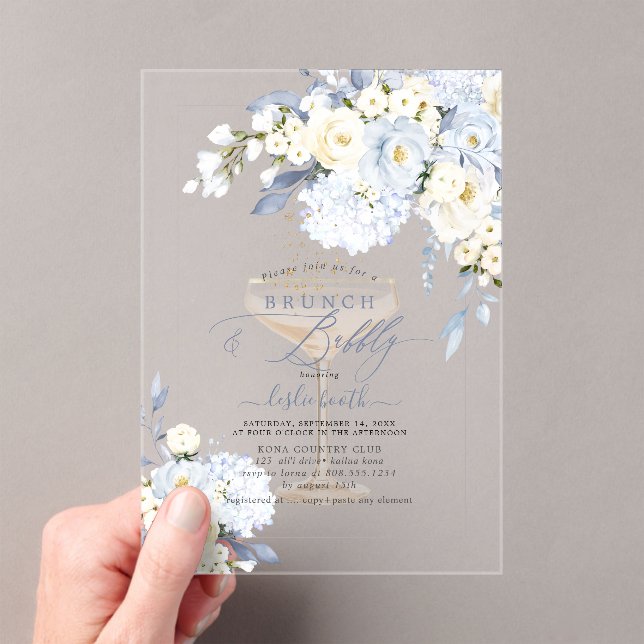 Invitations En Acrylique H2 Blue Hydrangea Cream Roses Brunch Bubbly  (In situ (ordinateur de poche))