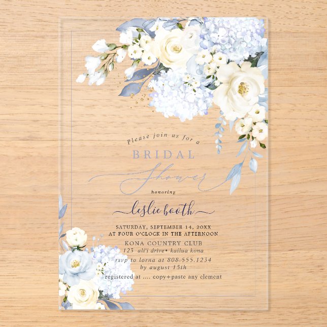 Invitations En Acrylique H2 Blue Hydrangea Cream Roses Fête des mariées (Recto)