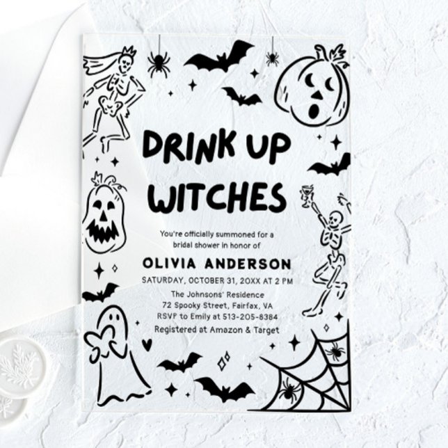 Invitations En Acrylique Halloween squelette Fête des mariées fantôme (Hand Drawn Halloween Skeleton Ghost Bridal Shower Acrylic Invitation)