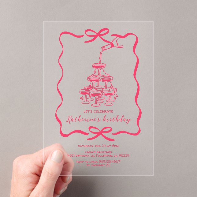 Invitations En Acrylique Hand Drawn Champagne Tower Birthday Party Pink  (In situ (ordinateur de poche))