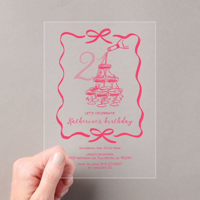 Invitations En Acrylique Hand Drawn Chic Pink Champagne 21st Birthday Party (In situ (ordinateur de poche))