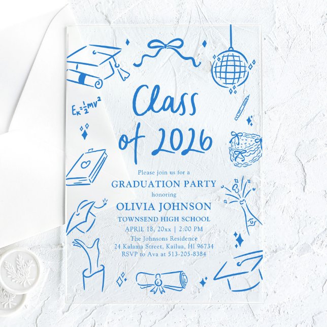 Invitations En Acrylique Hand Drawn Class of 2026 Blue Graduation Party (Hand Drawn Class of 2026 Blue Graduation Party Acrylic Invitations)