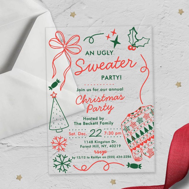 Invitations En Acrylique Hand Drwan Christmas Doodles Ugly Sweater Party (Créateur téléchargé)