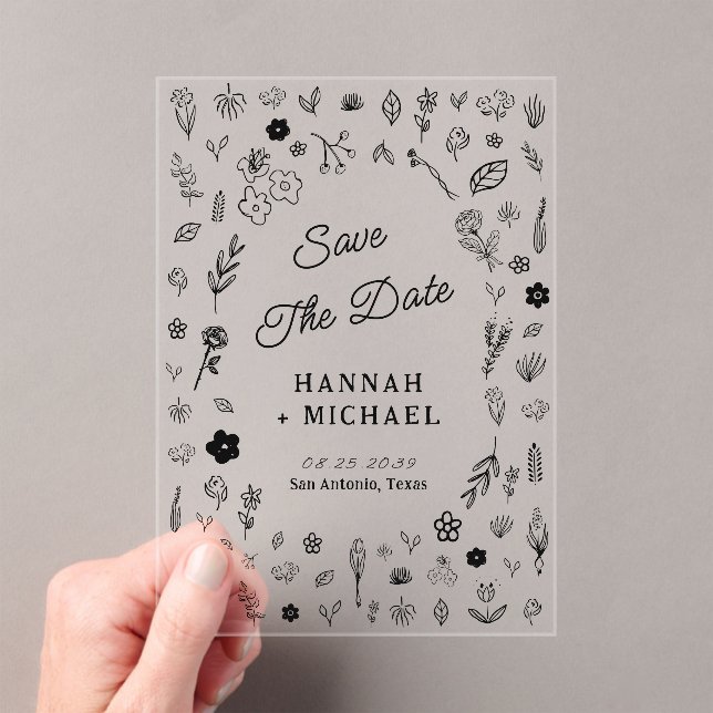 Invitations En Acrylique Hand Written Drawn Sketch Flowers Wedding (In situ (ordinateur de poche))