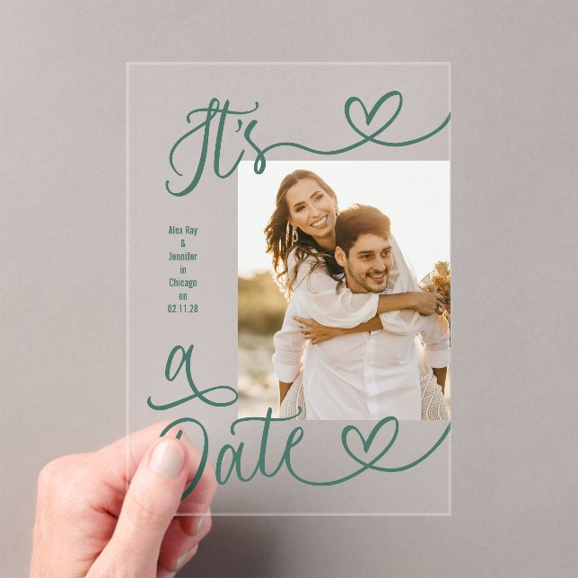 Invitations En Acrylique Handwritten Green Heart It's A Date Photo Wedding (In situ (ordinateur de poche))