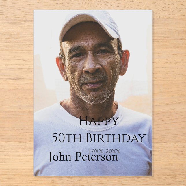 Invitations En Acrylique Happy 50th birthday name photo year man simple min (Recto)