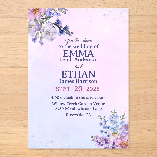Invitations En Acrylique heather periwinkle plum lavender blue Wedding  (Recto)