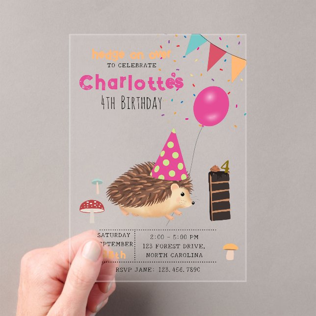 Invitations En Acrylique Hedgehog Mushroom Woodland Forest Balloon Birthday (In situ (ordinateur de poche))