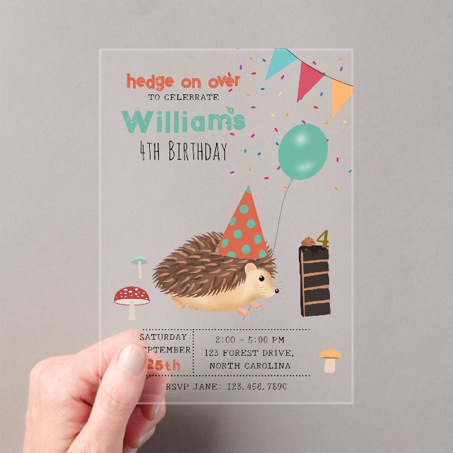 Invitations En Acrylique Hedgehog Mushroom Woodland Forest Balloon Birthday (In situ (ordinateur de poche))