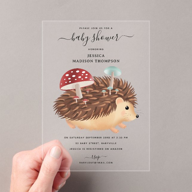 Invitations En Acrylique Hedgehog Mushroom Woodland Funny Baby Shower (In situ (ordinateur de poche))
