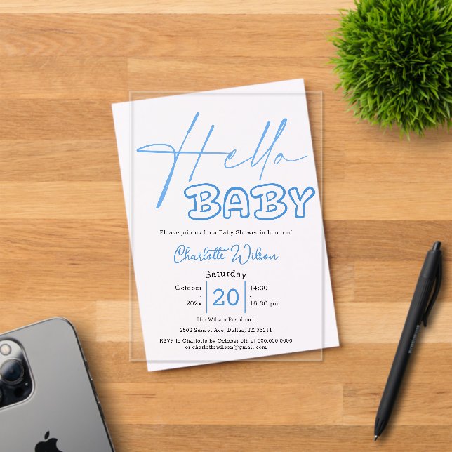 Invitations En Acrylique Hello Baby Elegant Baby shower bleu (Insitu (Carte d'invitation))