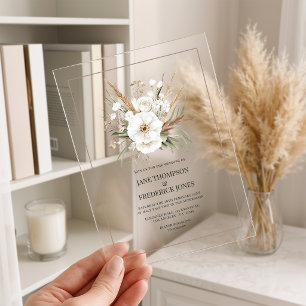 Invitations En Acrylique Herbe des Pampas Rustique Blanche Florale Bohème M