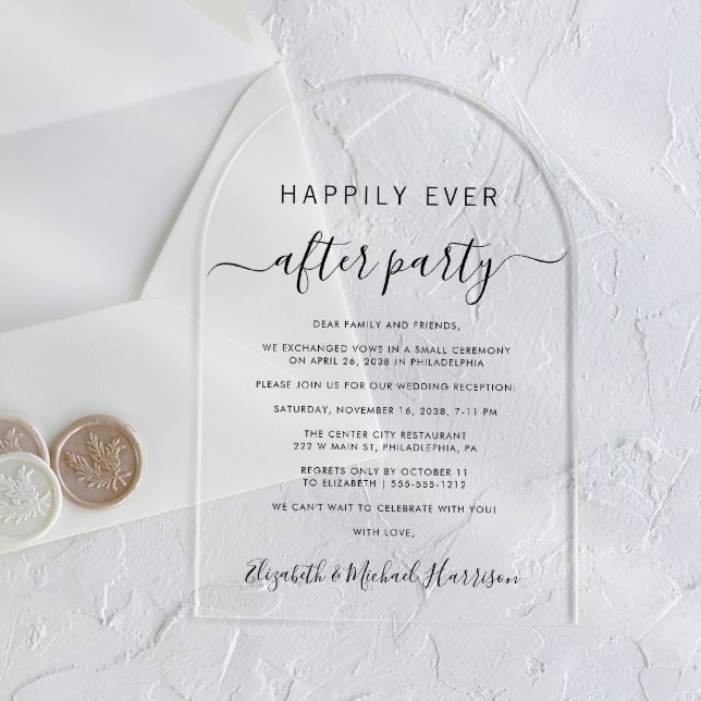 Invitations En Acrylique Heureusement Jamais Après La Réception De Mariage  (Start your forever with elegant arch-shaped acrylic invitations for a timeless Happily Ever After)