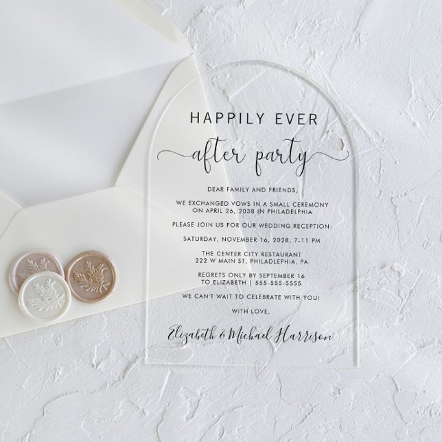 Invitations En Acrylique Heureusement Jamais Après La Réception De Mariage  (Start your forever with elegant arch-shaped acrylic invitations for a timeless Happily Ever After)