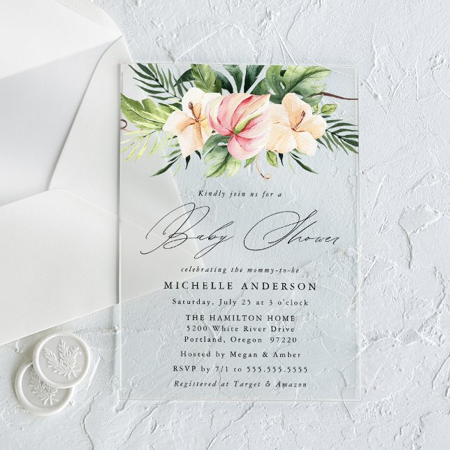 Invitations En Acrylique Hibiscus tropicaux Fleurs et Baby shower Feuille (Créateur téléchargé)