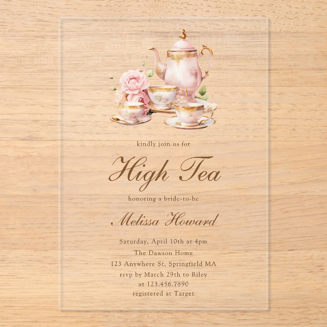 Invitations En Acrylique High Tea Pastel Gold Bridal Shower (Recto)