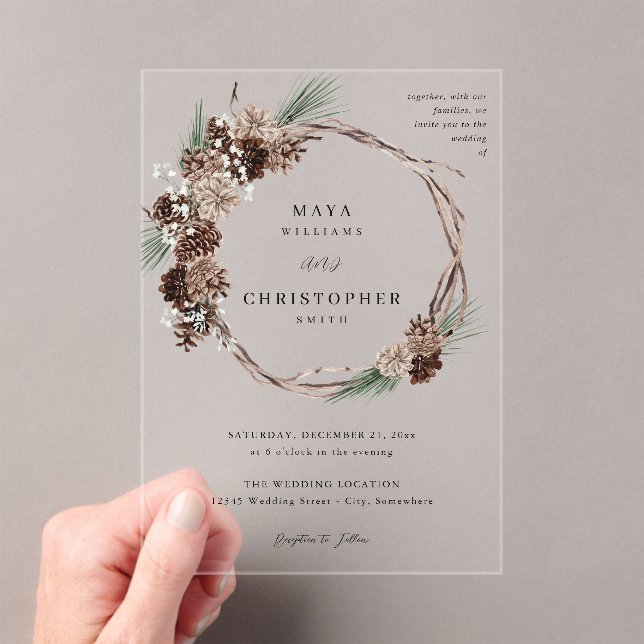 Invitations En Acrylique Hiver Blanc Floral & Pine Mariage Wreath (In situ (ordinateur de poche))