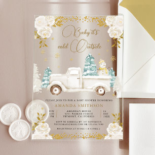 Invitations En Acrylique Hiver Blanc Or Floral Camion Baby shower Snowman
