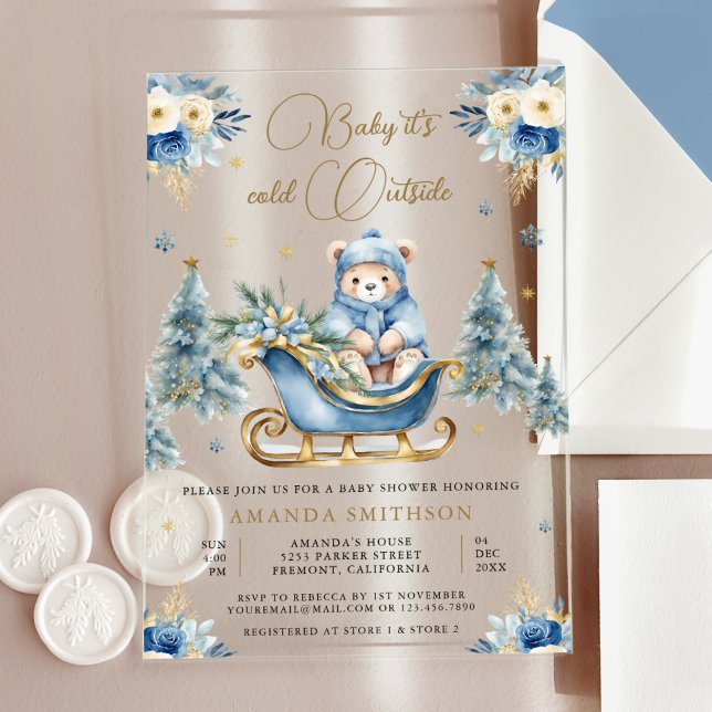 Invitations En Acrylique Hiver Blue Gold Floral Teddy Bear Baby shower (Créateur téléchargé)