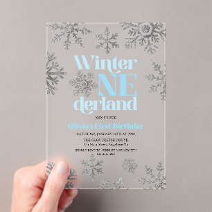 Invitations En Acrylique Hiver Onederland Bleu Flocon de Neige Anniversaire