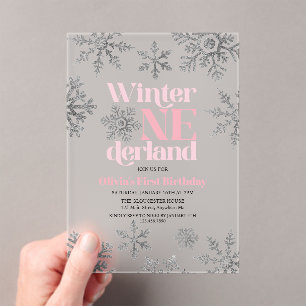 Invitations En Acrylique Hiver Onederland Pink Silver Snowflake Anniversair