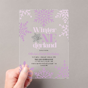 Invitations En Acrylique Hiver Onederland Purple Flocon de neige 1er annive
