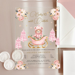 Invitations En Acrylique Hiver Pink or Floral Teddy Bear Baby shower