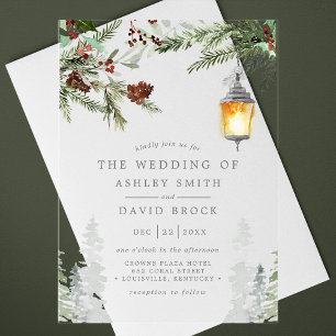 Invitations En Acrylique Hiver Pins Rustiques Mariage de lanterne botanique