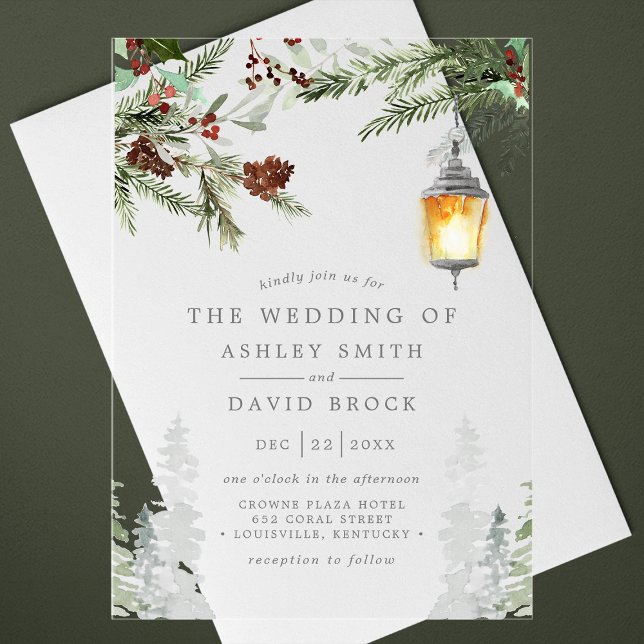 Invitations En Acrylique Hiver Pins Rustiques Mariage de lanterne botanique (Créateur téléchargé)