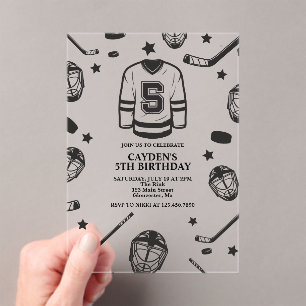 Invitations En Acrylique Hockey noir et blanc 5e anniversaire