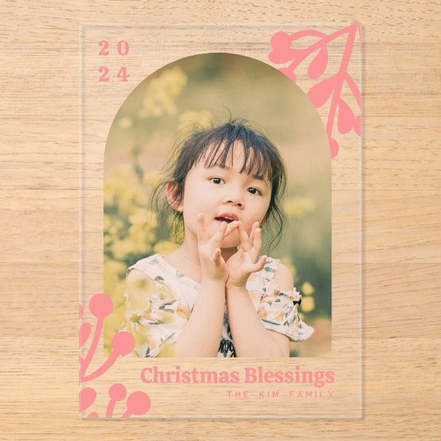 Invitations En Acrylique Holly Berries Arch Photo Pink Christmas (Recto)