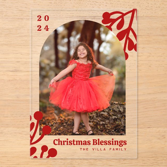 Invitations En Acrylique Holly Berries Arch Photo Rouge Noël (Recto)