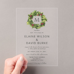 Invitations En Acrylique Holly Berries Wreath Monogramme Mariage hivernal