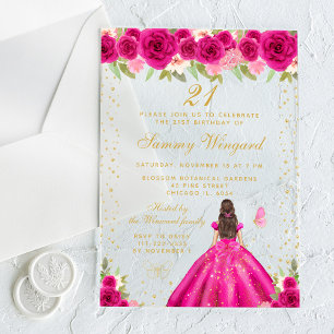 Invitations En Acrylique Hot rose Brunette Hair Princess Anniversaire