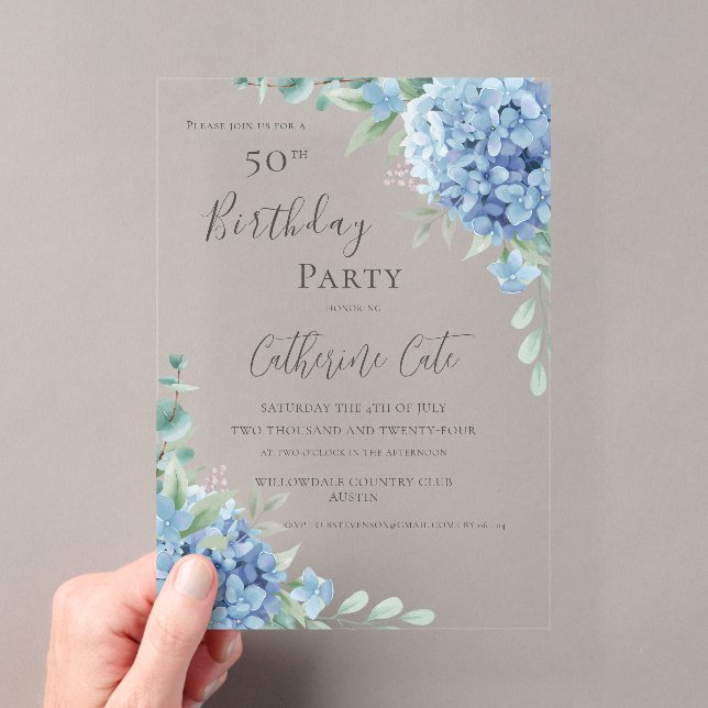 Invitations En Acrylique Hydrangea Bleue Florale Élégante 50e Anniversaire (In situ (ordinateur de poche))