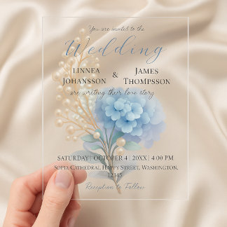 Invitations En Acrylique Hydrangea Perle Romantique Mariage Bleu Aquarelle