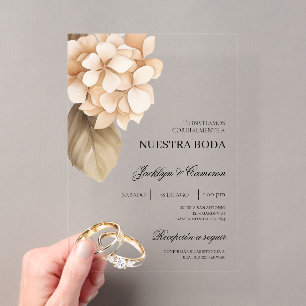Invitations En Acrylique Hydrangea rustique avec alliance Mariage Espagnol