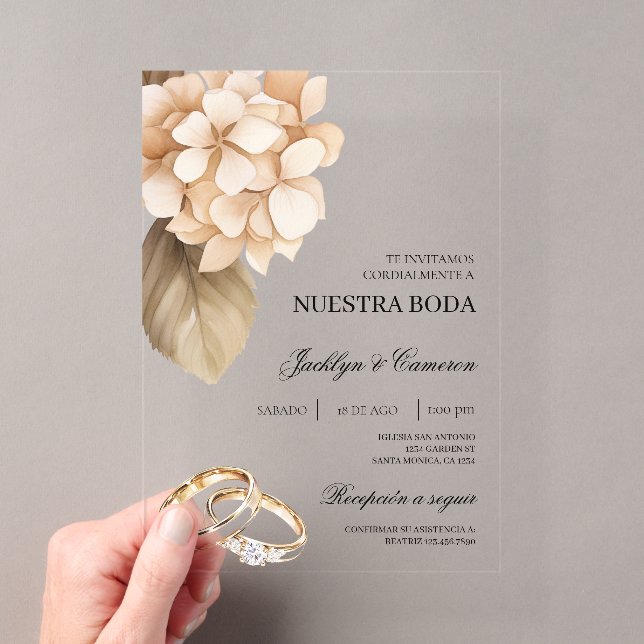 Invitations En Acrylique Hydrangea rustique avec alliance Mariage Espagnol (In situ (ordinateur de poche))