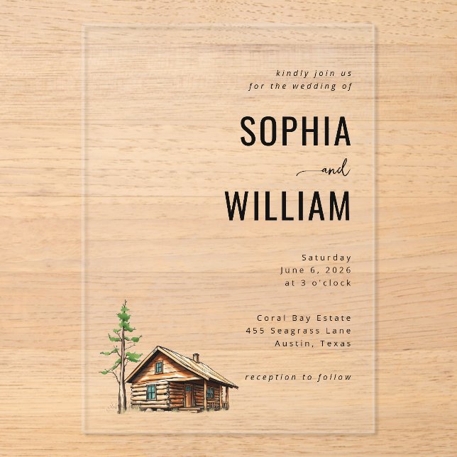Invitations En Acrylique Illustration de chalet neutre rustique (Recto)