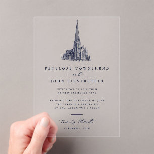 Invitations En Acrylique Illustration de mariage d'église vintage élégante