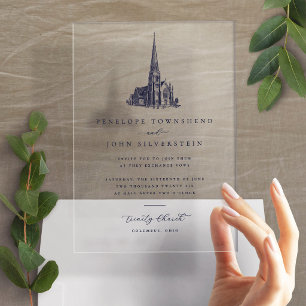 Invitations En Acrylique Illustration de mariage d'église vintage élégante